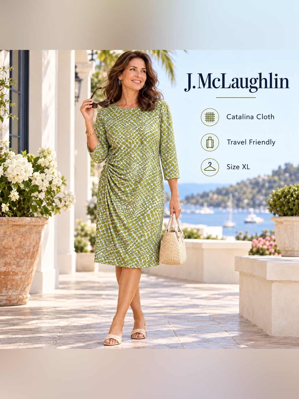 J. McLaughlin Green and White Geometric Catalina Cloth Dress Size XL